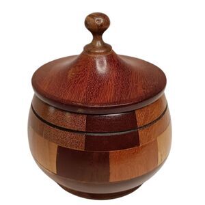 Vintage Round Inlaid Wooden Bowl Trinket  Dish With Lid MCM Parquetry 3.5"x3.5"